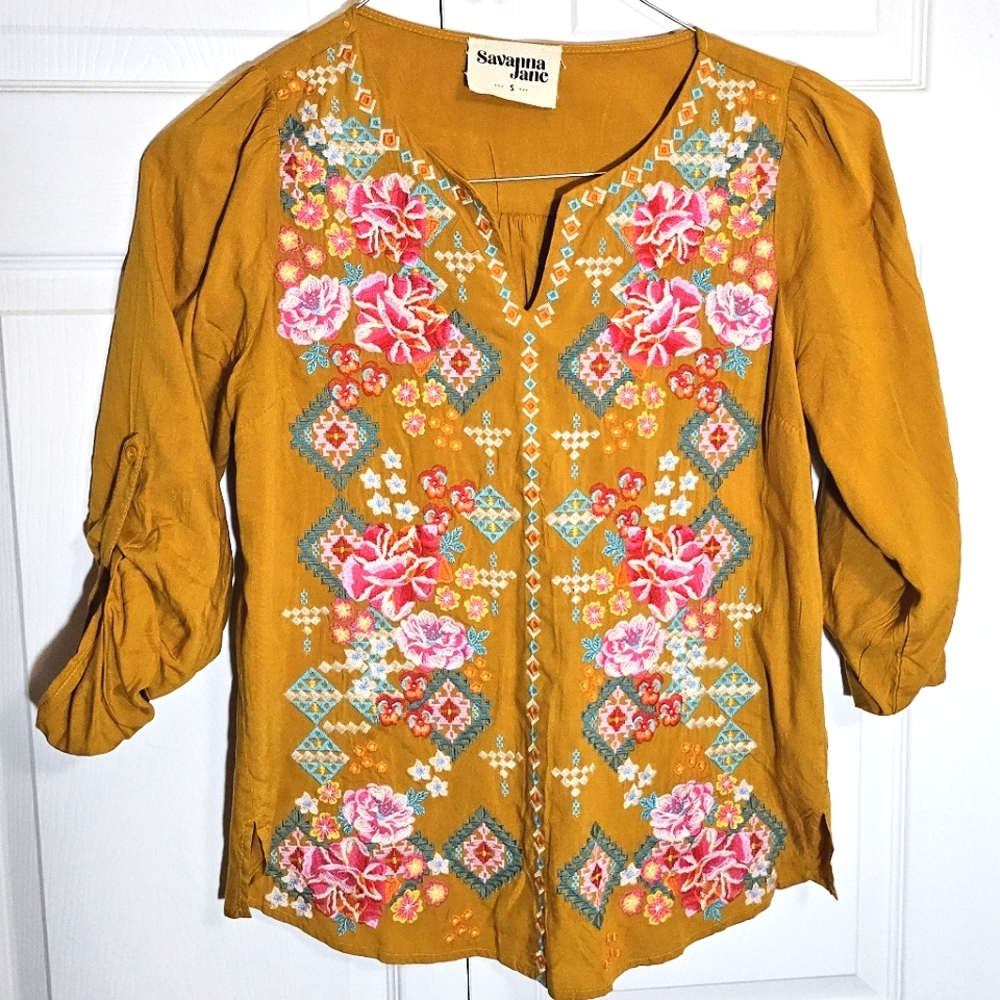 Savanna Jane Embroidered Floral Rsyon Blouse Small‎ Bold Boho Summer Yellow
